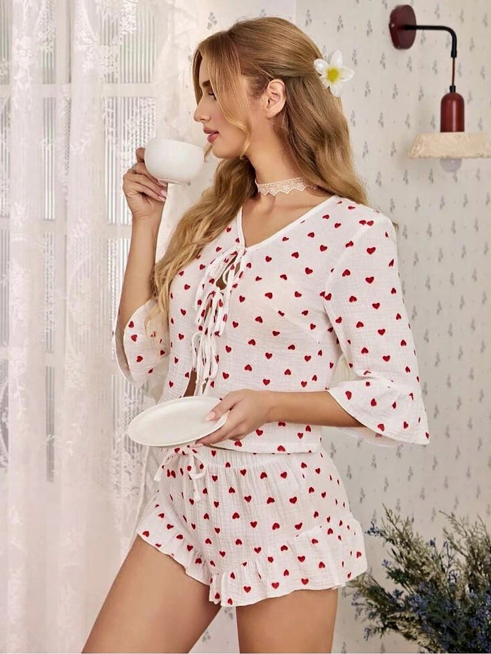 Women's Heart Print Ruffle Sleeve Tie Front Top And Shorts Pajama Set Tie